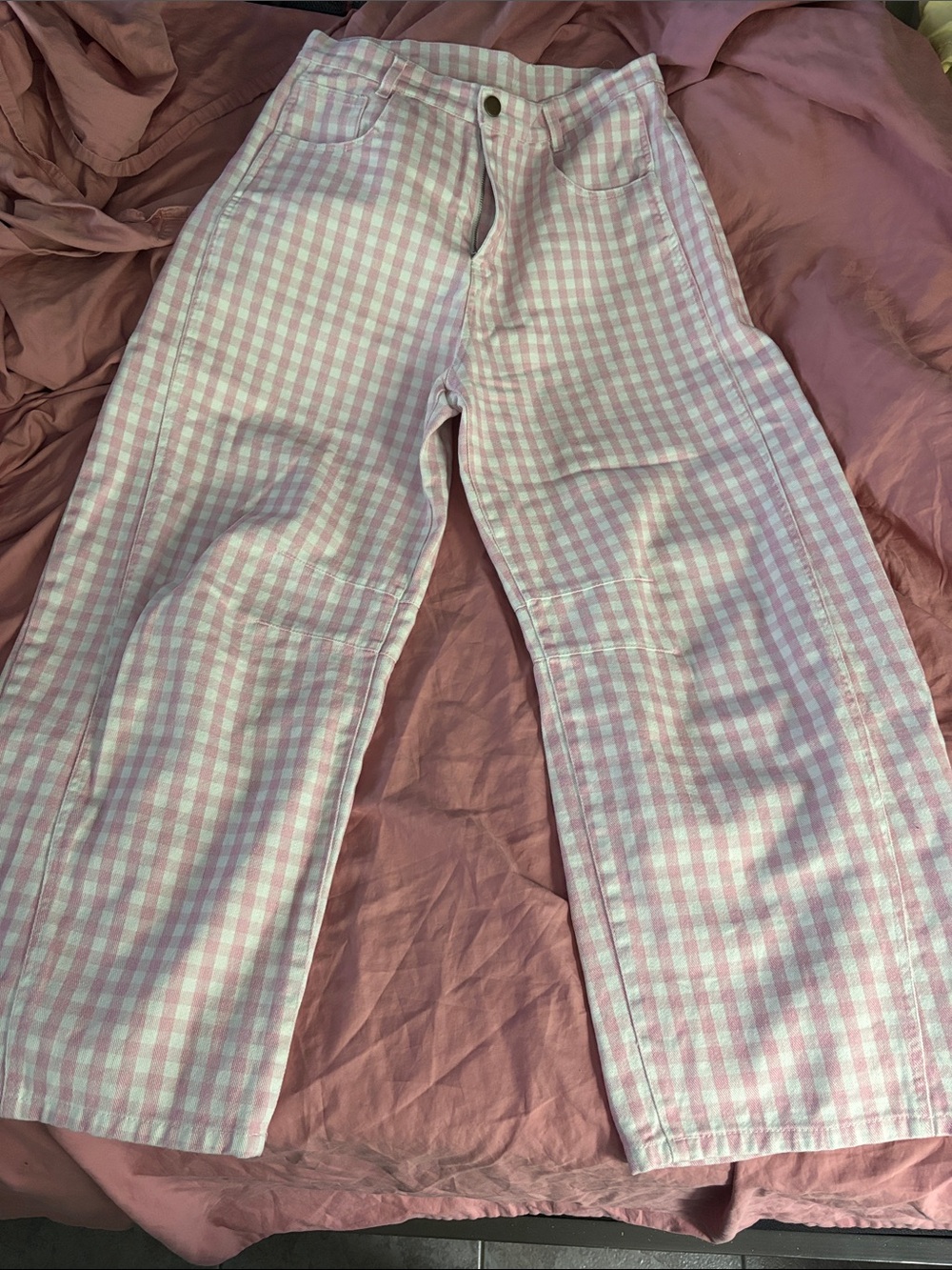 Peach Love California Pink and White Gingham Jeans